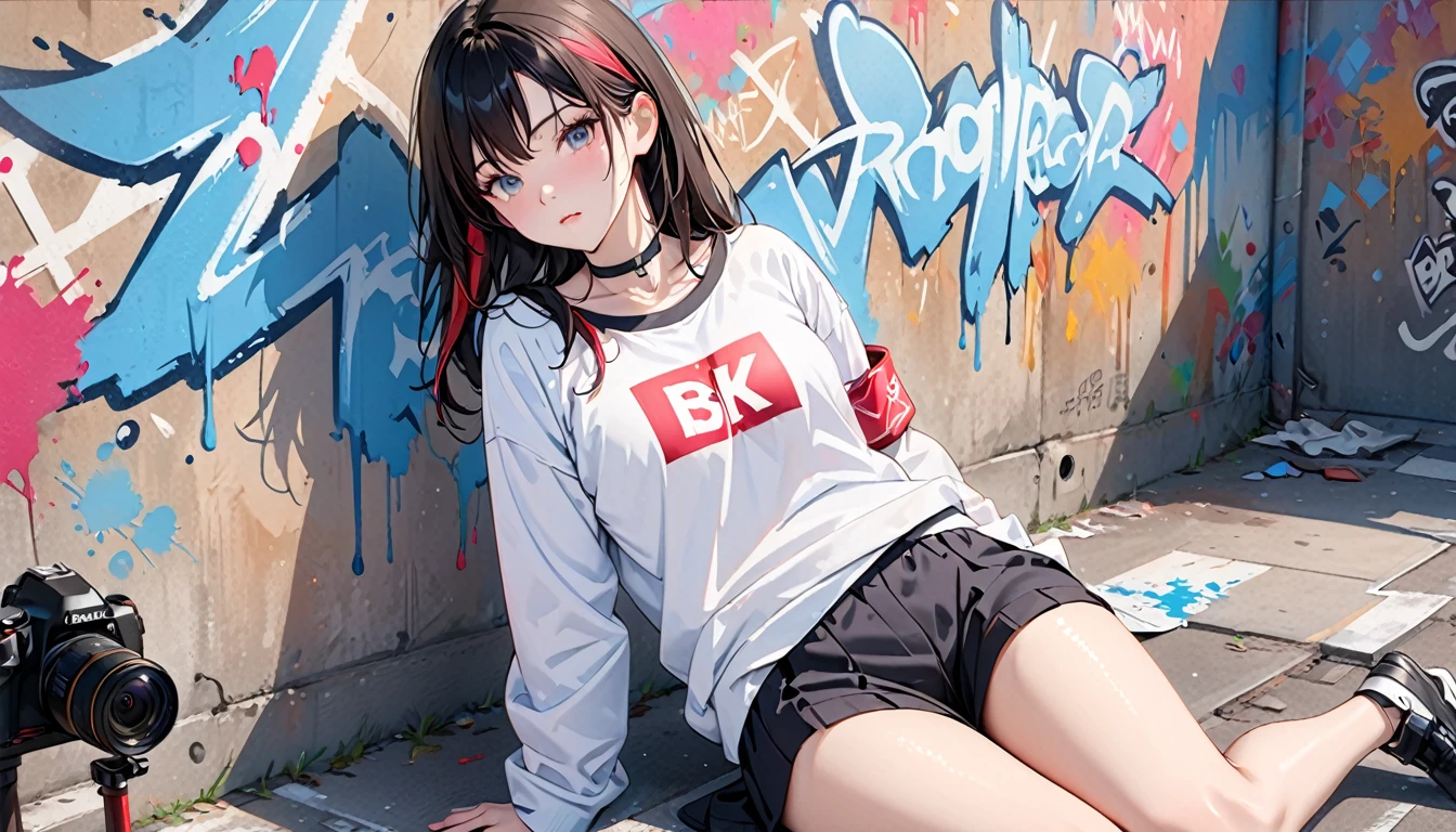 (masterpiece) 1girl,portrait,(8k, RAW photo, best quality, ultra high res, photorealistic, ultra-detailed),legs wide,kneeling,missionary,camera low,camera close,best quality,1girl,solo,streaked hair,choker,(graffiti:1.25),paint splatter,arms on hips,leaning back,looking at camera,armband,thigh strap,streaked hair,head down,head tilt,tight,thin,small,perfect face,ninym ralei,