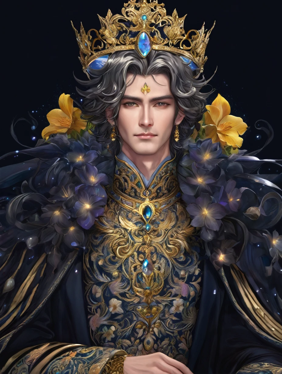 a close up of a man in a ornate dress with crown, trending on cg society, fantasy art, ((a handsome fantasy emperor)), short hair, a beautiful fantasy emperor, anime god, gilded lotus prince, 8k high quality detailed art, portrait fine art, beautiful and elegant king, beautiful celestial mage, flowers, lavish.