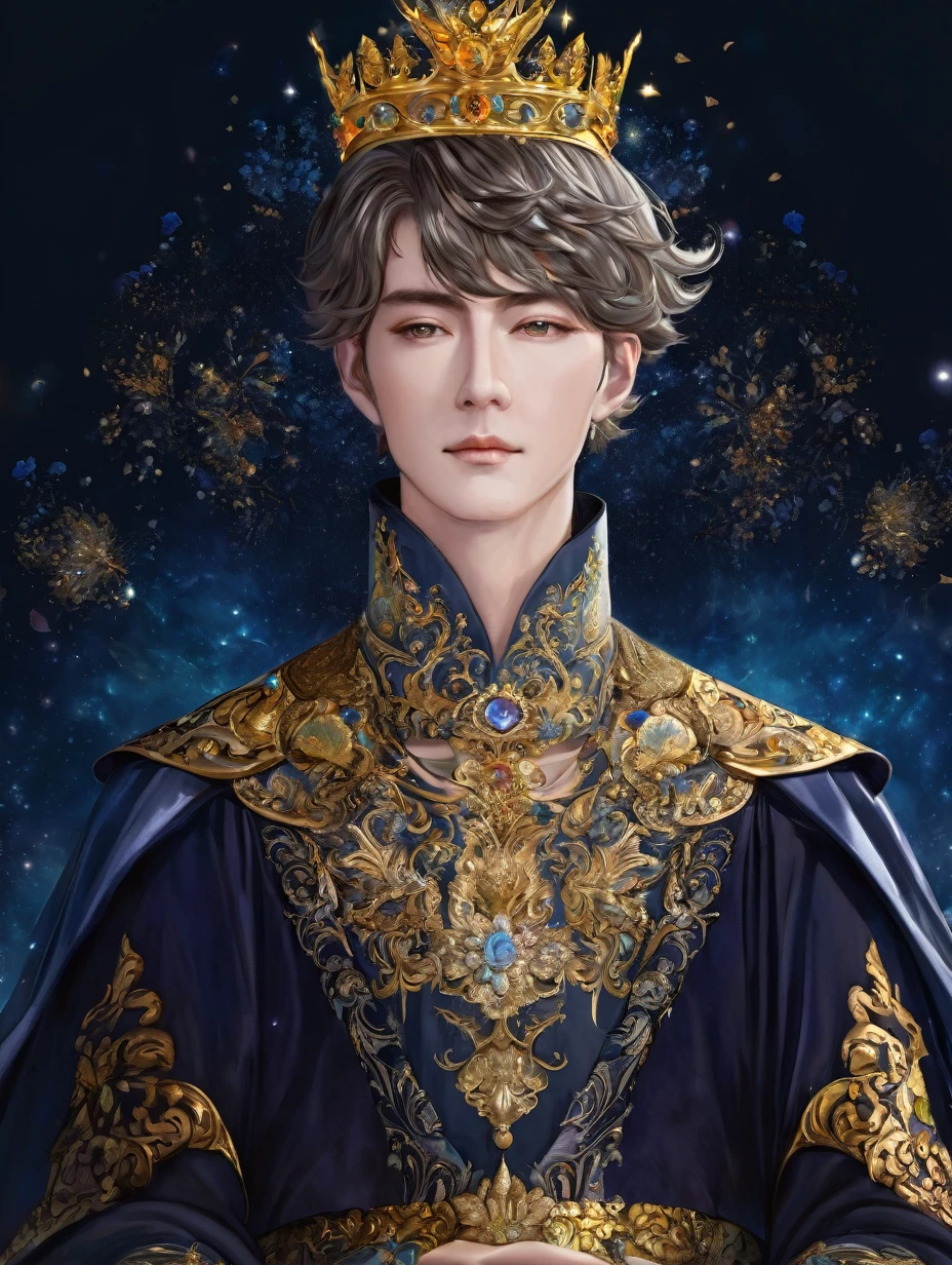 a close up of a man in a ornate dress with crown, trending on cg society, fantasy art, ((a handsome fantasy emperor)), short hair, a beautiful fantasy emperor, anime god, gilded lotus prince, 8k high quality detailed art, portrait fine art, beautiful and elegant king, beautiful celestial mage, flowers, lavish.
