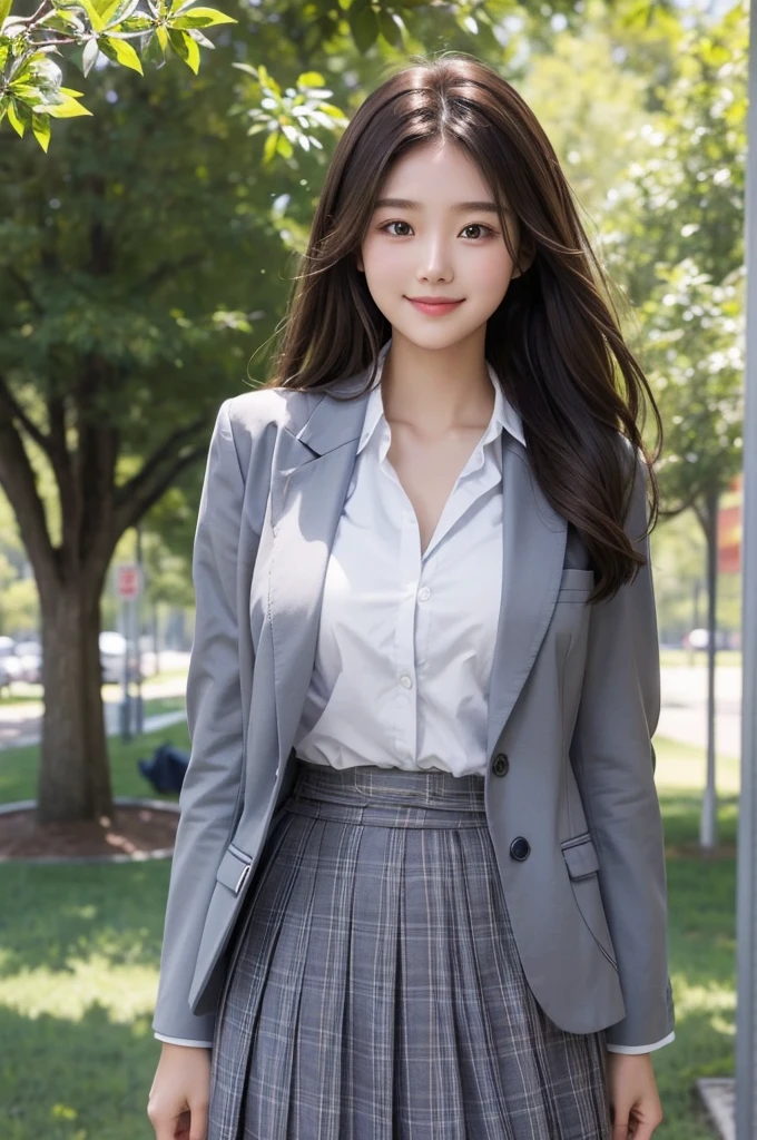 Beautiful girl、Brown Hair、Medium Hair、high school student、、Dark Blue Blazer、White shirt under blazer、huge 、Grey plaid skirt、Shade of trees in the schoolyard、smile、wave hands