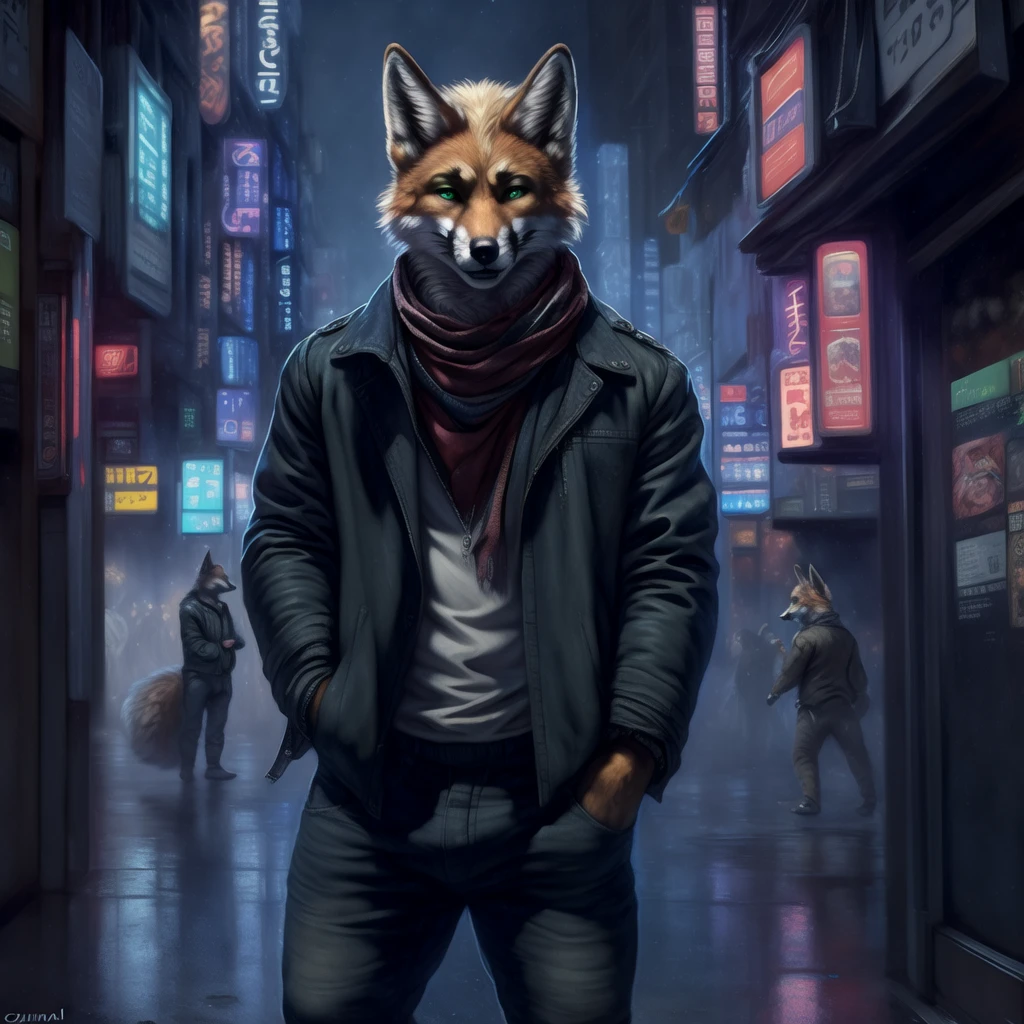 (by oouna, by honovy, by personalami, by clockhands) male, fox, solo, wearing jacket, green eyes, fox mccloud, wearing jacket, pants, scarf, fancy, black shirt, night, city, tokyo, street, akihabara, neon lights