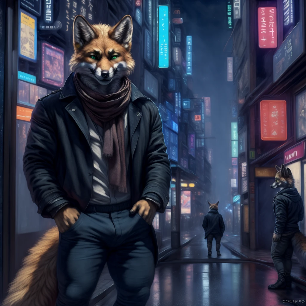 (by oouna, by honovy, by personalami, by clockhands) male, fox, solo, wearing jacket, green eyes, fox mccloud, wearing jacket, pants, scarf, fancy, black shirt, night, city, tokyo, street, akihabara, neon lights