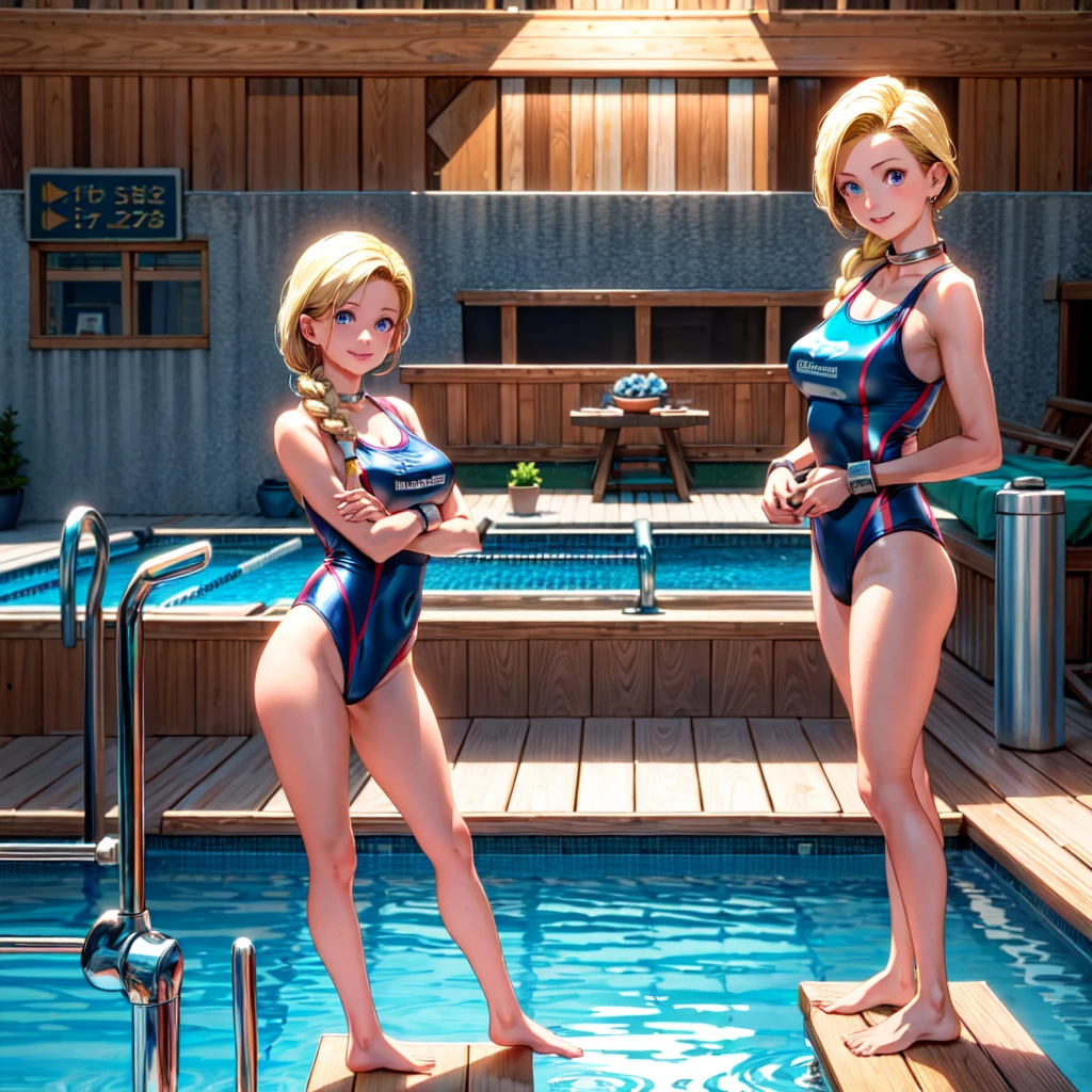 (masterpiece, highest quality:1.2), 1 girl, solo, 1 girl, Bianca, DQ5, illustration, anime style, long hair, blonde hair, single braid, blue eyes, smiling, competitive swimsuit, indoor pool, full body standing pose