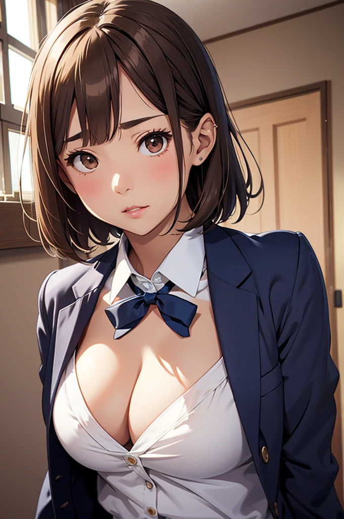 NSFW、Toned body、Big Breasts、Bare thighs、White panties、(uniform、Dark blue blazer、Light blue ribbon、White shirt、Collared shirt、Grey Micro Mini Skirt Grey、Grey Pleated Skirt Grey)、(short hair、Brown Hair、Barrette、hair ornaments)、(Brown eyes:1.5)、(yuihirasawa、yui hirasawa、Yui Hirasawa)、Big Breasts、Women's High、classroom、独奏