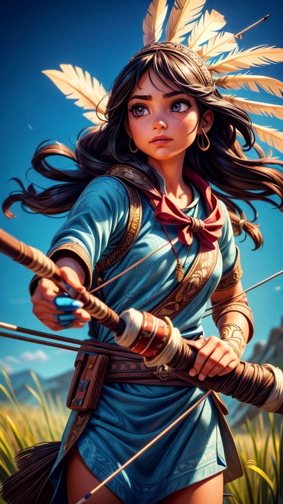 A native american archer aiming bow and arrow at prey, beautiful detailed eyes, beautiful detailed lips, extremely detailed eyes and face, long eyelashes, ornate traditional clothing, detailed feathered headdress, finely crafted bow, arrow in flight, dramatic lighting, cinematic composition, vivid colors, photorealistic, 8k, best quality, masterpiece