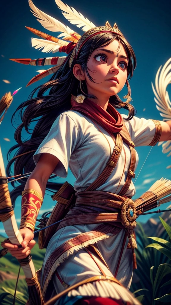 A native american archer aiming bow and arrow at prey, beautiful detailed eyes, beautiful detailed lips, extremely detailed eyes and face, long eyelashes, ornate traditional clothing, detailed feathered headdress, finely crafted bow, arrow in flight, dramatic lighting, cinematic composition, vivid colors, photorealistic, 8k, best quality, masterpiece