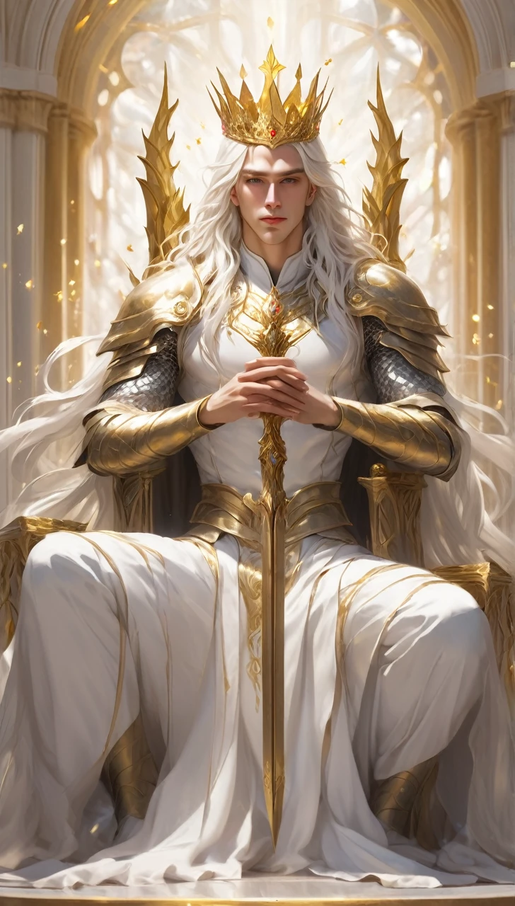 A man with gold crown and magic staff in his hand// white long hair // Sit in altar // full body // Wear armor with combination white and gold  // background is some flying light