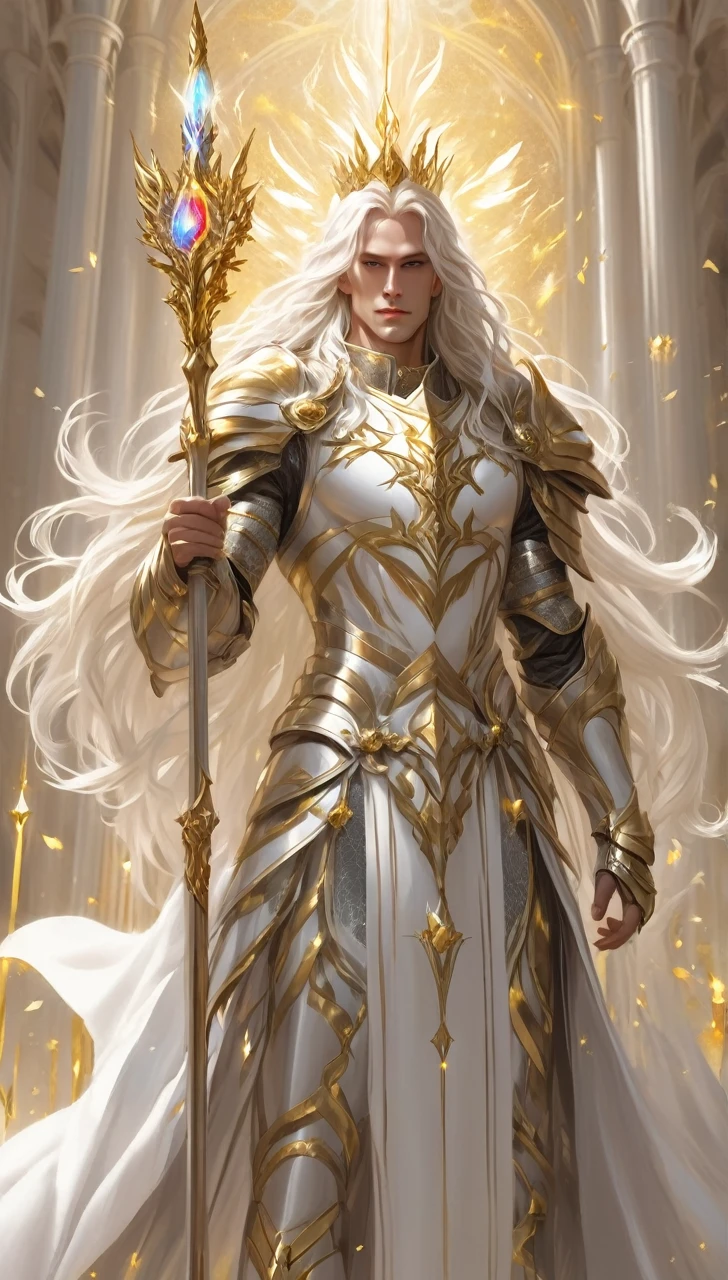 A man with gold crown and magic staff in his hand// white long hair // Sit in altar // full body // Wear armor with combination white and gold  // background is some flying light