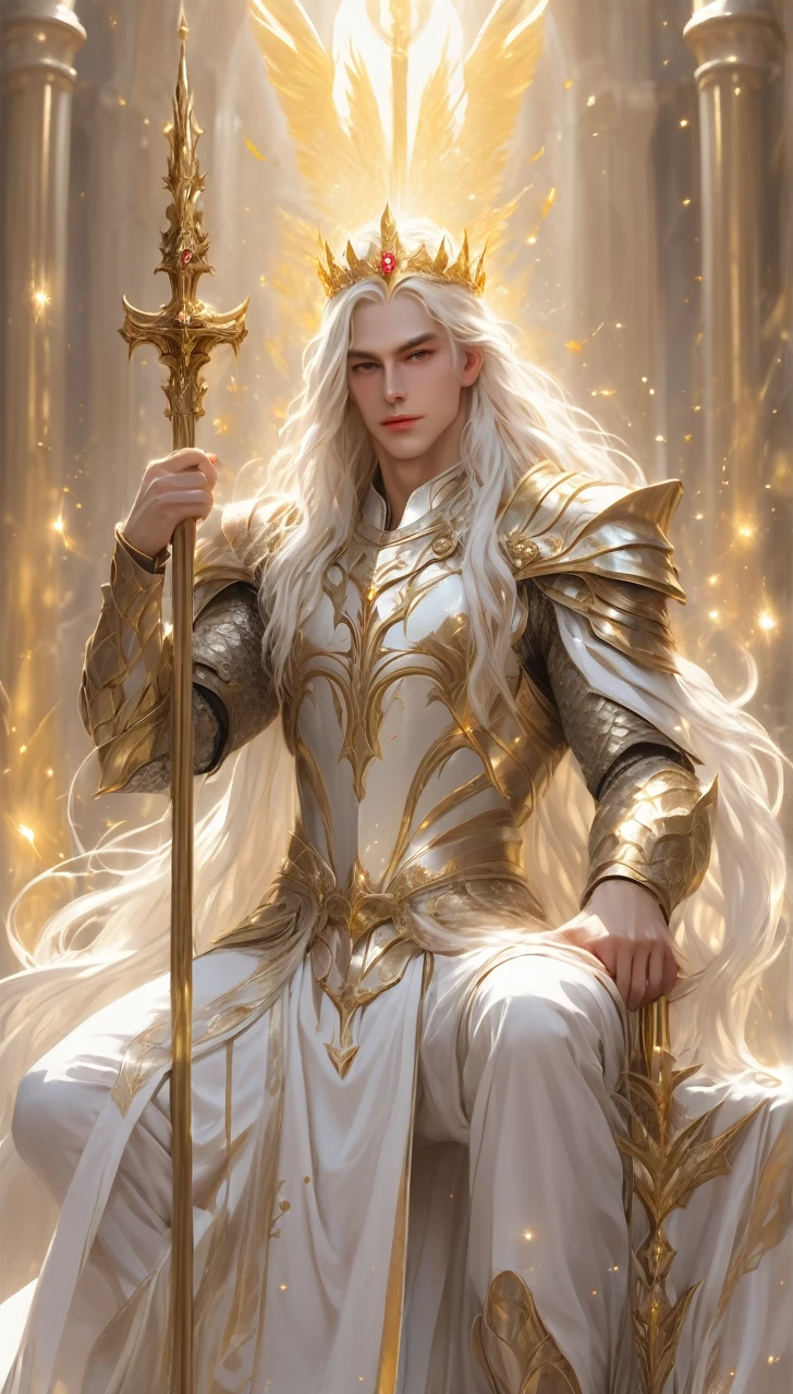 A man with gold crown and magic staff in his hand// white long hair // Sit in altar // full body // Wear armor with combination white and gold  // background is some flying light