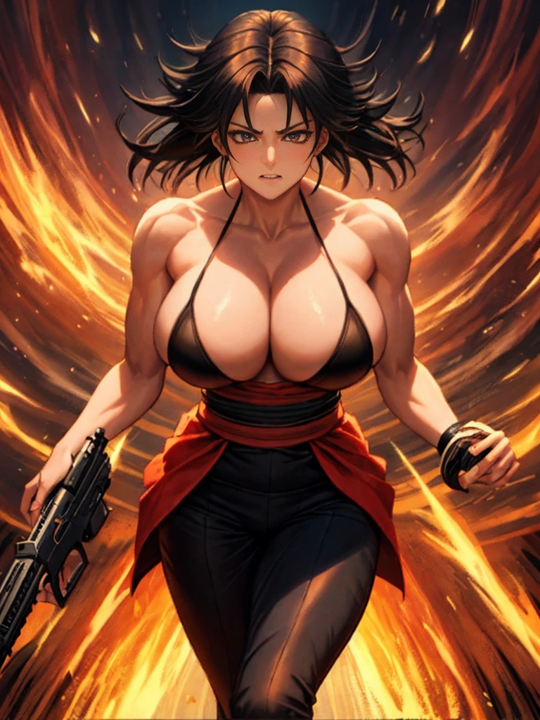 samurai shodown,western movie,east meets west,versus gun man,beautiful adult huge busty middle age ninja lady,100blade,100gun,A hyper Anime art,Illustration,High resolution,8K,Very detailed,Best Illustration,Best Quality,ultra-detailliert,masterpiece,