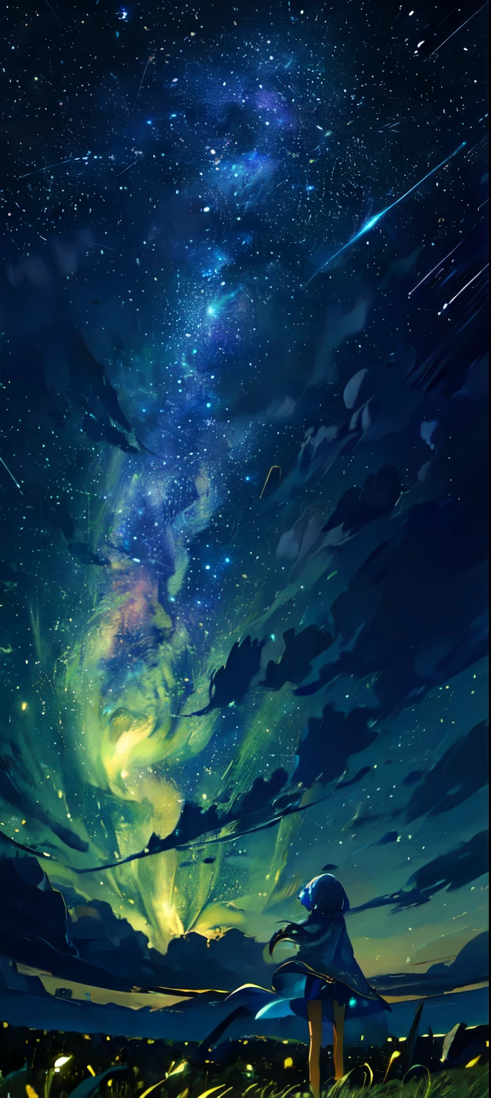 One girl, Zoom out (Meteors:1.2), (comet:1.1), Low - Angle, From behind, Aloura Borealis, shooting star, Windy, Standing in the field,Highest quality, masterpiece, cloud,colorful, Starry sky,Night view at night、