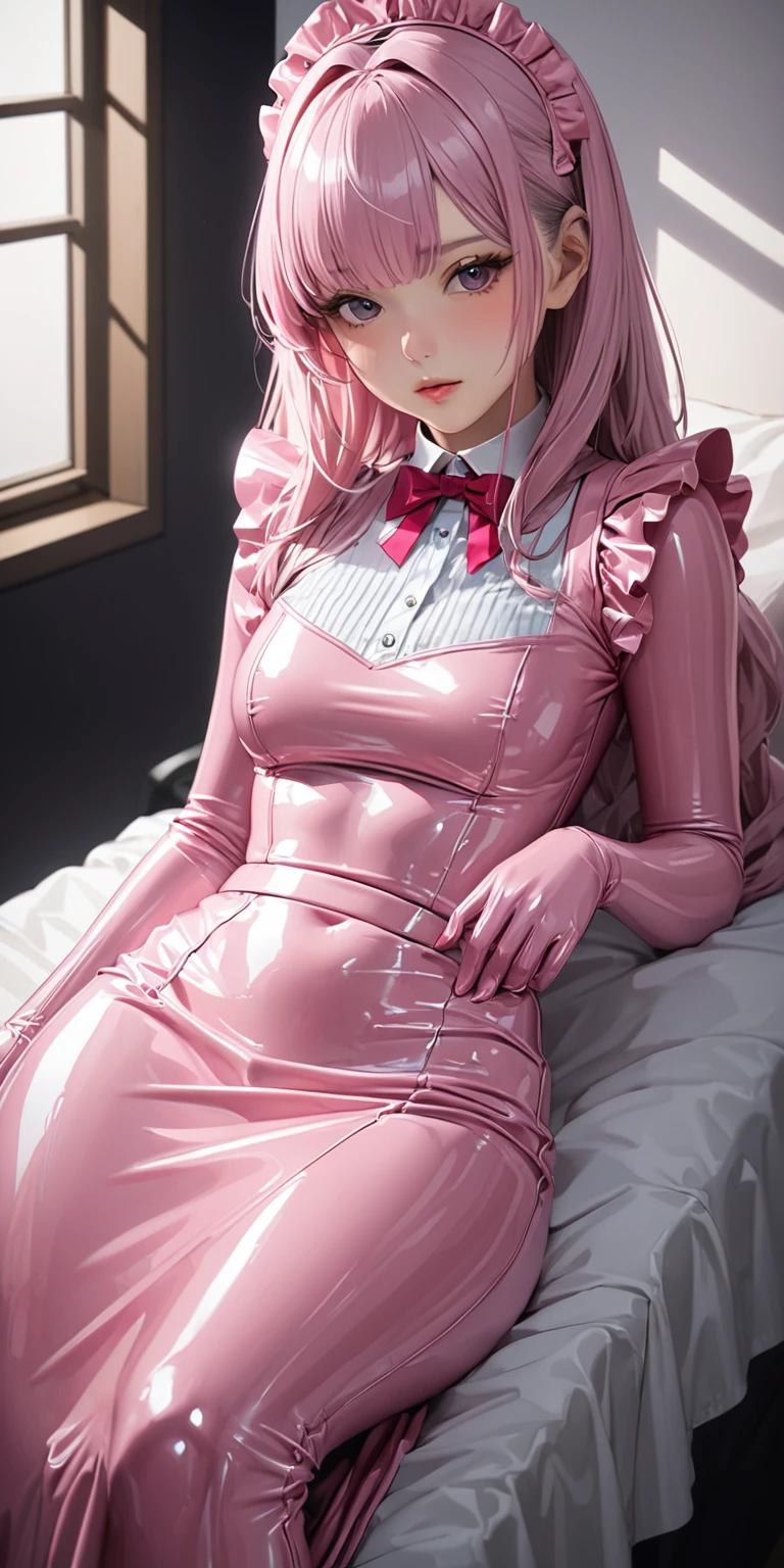 Portraiture、(masterpiece,Highest quality,Ultra-high resolution),Japanese women, (((Very beautiful 25 year old girl))),(Pale pink latex maid outfit)、(Pale pink latex long skirt)、(A long-sleeved latex shirt that covers the upper body)、Pale pink latex gloves、Pale pink latex socks、Pale pink latex bodysuit、Frills、The clothes fit snugly to the body、Latex is very shiny、Dark Room、