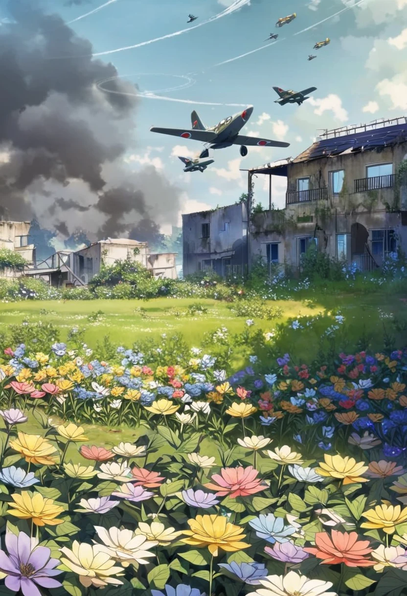 Fighter planes fly over Abandoned flower garden