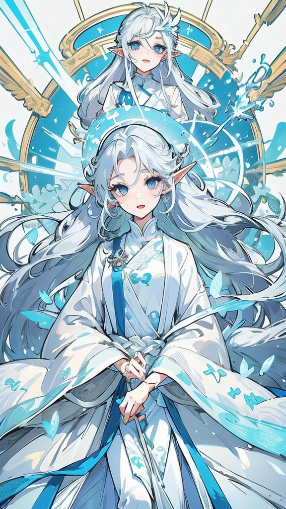 ((Highest quality)), ((masterpiece)), (detailed), One girl, The background is nature、The weather was sunny.、Silver hair straight long hair、Half Up、Parallel thin eyebrows、Double droopy eyes、Thin lips、Small nose、Blue Eyes、Long eyelashes、Delicate appearance、Illustration seen from the front、A big smile with an open mouth、White dress、Fantastic illustrations、Highlights are 7 colors、The light is on my face、Illustration of eyes matching the viewer、Elf、For delivery、Character portrait、whole body、Illustration of toes、