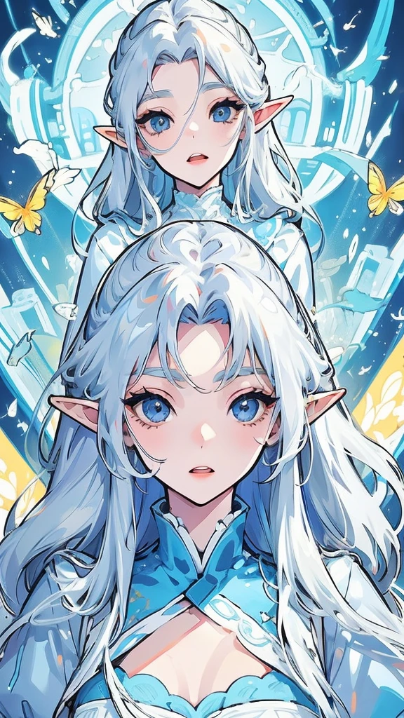 ((Highest quality)), ((masterpiece)), (detailed), One girl, The background is nature、The weather was sunny.、Silver hair straight long hair、Half Up、Parallel thin eyebrows、Double droopy eyes、Thin lips、Small nose、Blue Eyes、Long eyelashes、Delicate appearance、Illustration seen from the front、A big smile with an open mouth、White dress、Fantastic illustrations、Highlights are 7 colors、The light is on my face、Illustration of eyes matching the viewer、Elf、For delivery、Character portrait、whole body、Illustration of toes、