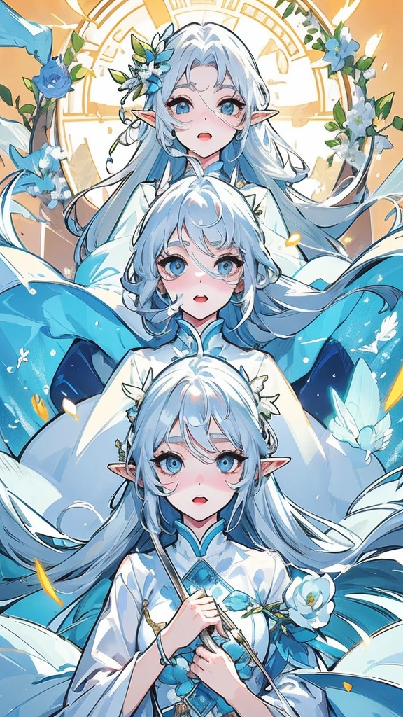 ((Highest quality)), ((masterpiece)), (detailed), One girl, The background is nature、The weather was sunny.、Silver hair straight long hair、Half Up、Parallel thin eyebrows、Double droopy eyes、Thin lips、Small nose、Blue Eyes、Long eyelashes、Delicate appearance、Illustration seen from the front、A big smile with an open mouth、White dress、Fantastic illustrations、Highlights are 7 colors、The light is on my face、Illustration of eyes matching the viewer、Elf、For delivery、Character portrait、whole body、Illustration of toes、