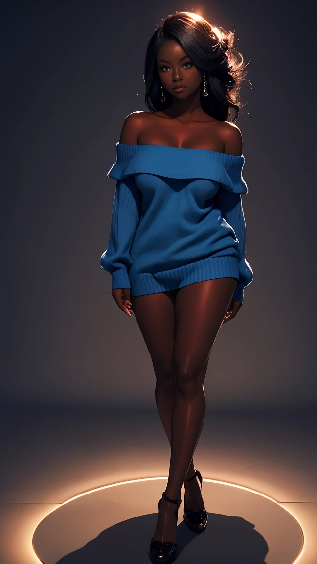 Full Body Shot, ((Beautiful black woman with perfect dark skin)), Shiny long hair in gradient blue, distinct facial features, Large and fine eyes, ((( Wearing an off-the-shoulder sweater))) Glowing flowers in the background, masterpiece, best high quality image,96k, Ultra-high resolution, Depth of written boundary, 1080P wallpaper, Spotlight, Character Focus, high quality, Very detailed, Amy Sol style UHD quality,Large Breasts,Asian