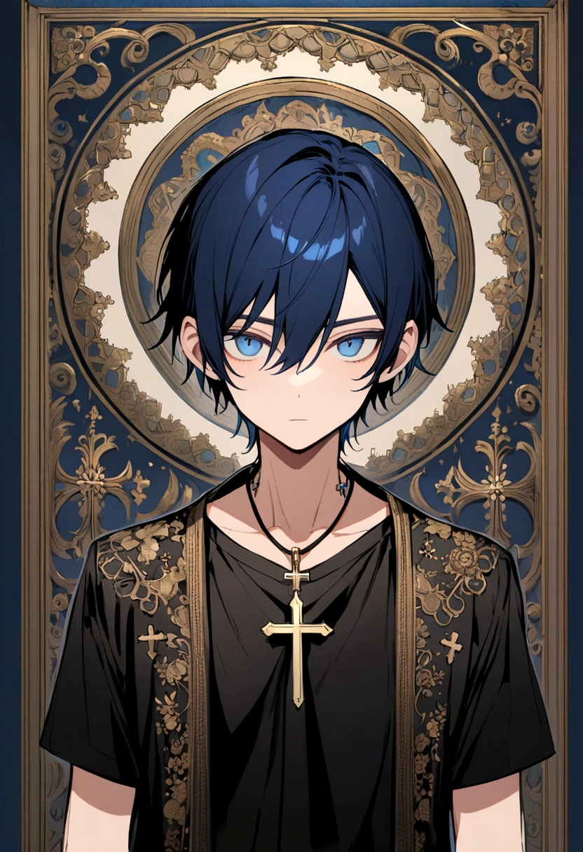 Dark blue hair boy, dark blue eyes, cross ornament in neck, loocking cool, black shirt with blue lining, plain expression
