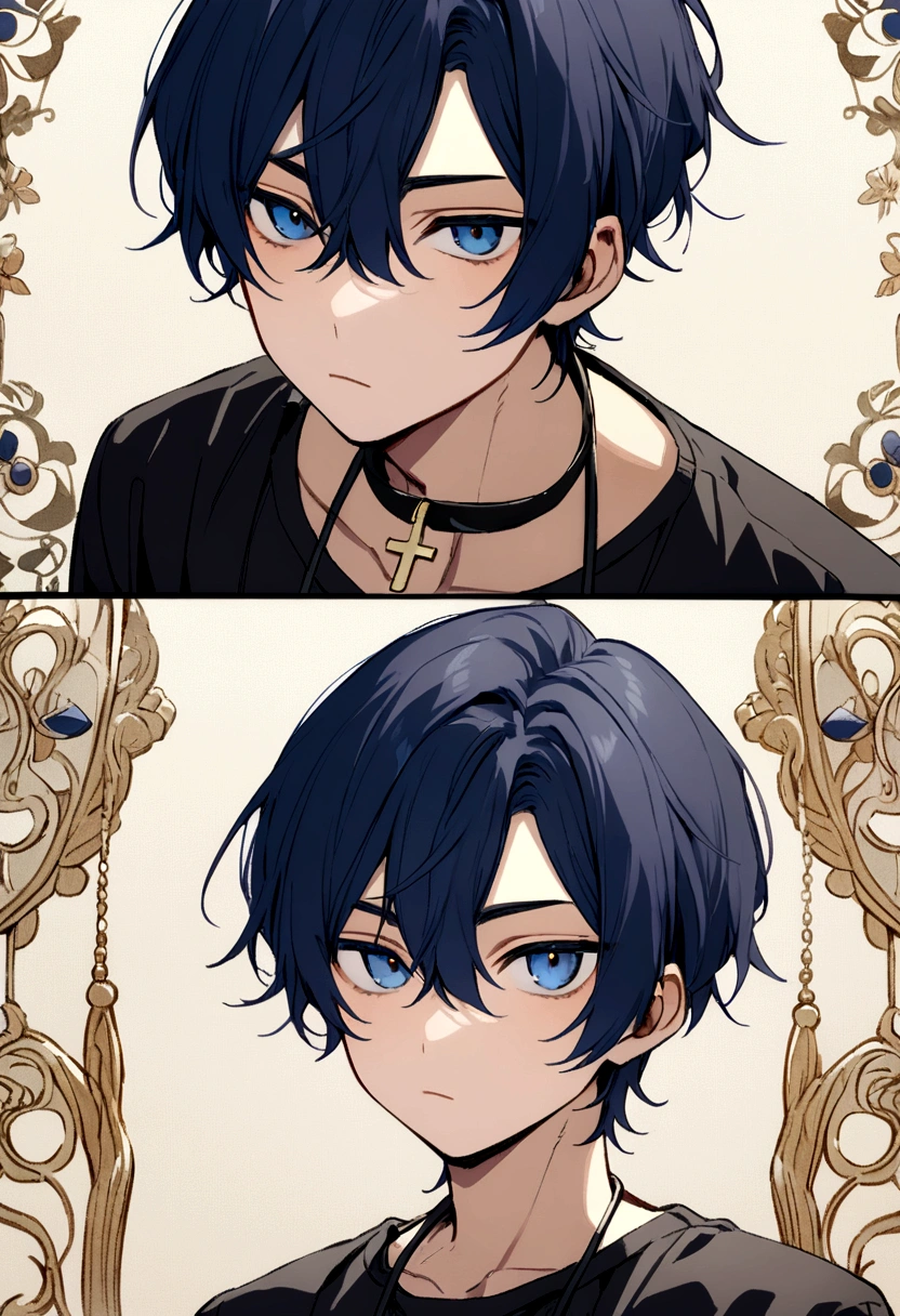 Dark blue hair boy, dark blue eyes, cross ornament in neck, loocking cool, black shirt with blue lining, plain expression