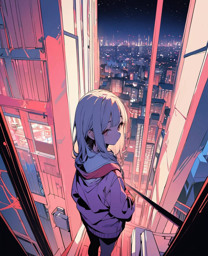 flat color,(Ultra high-resolution masterpiece, best quality, ultra-detailed representation) – A captivating portrait of a Japanese , portrayed with breathtaking intricacy. (A tween girl looking at the city from the top of a tall building on a night.), The lights of the house next door flicker like haze.Japan,The depth of field adds a charming blur to the bustling background, while the full-body composition perfectly captures the adorable, determined expression on her face. The detail in her delicate features, creates a unique fusion of cultures that is both enchanting and thought-provoking, meriting the title of a true masterpiece.