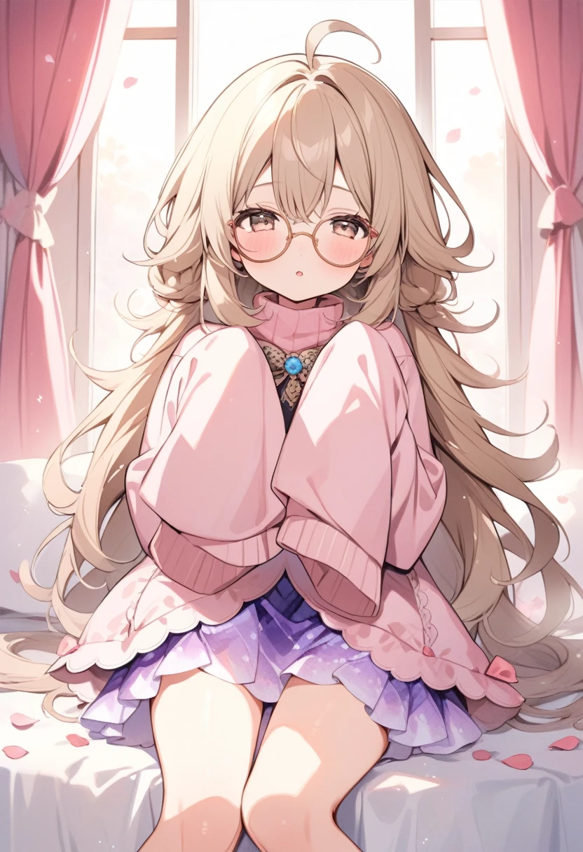 (round glasses:1.2), (loli:1.6),ecru beige hair,(half closed eyes:1.1),beige eyes,kawaii,(highlight on eyes:1.1),(cute face:1.1),baby face, BREAK (sleeves past hands:1.2), (sleeves past wrists:1.2),(hands are hidden in sleeves:1.1),sleeves past fingers BREAK (excessive messy hair:1.2), excessive long messy hair with bed head, excessive long hair, antenna hair, (ahoge:1.2),sleepy, BREAK Transparent pink scales skirt made of petals material,lilac scales skirt inspired by flower petals,(emerge scales skirt fused with flower petals:1.2),pink turtleneck,flower Jabot,flower corsage,
BREAK
breathtalking Scenery, breathtalking Beauty, breathtalking Cute ,masterpiece, (best quality, masterpiece:1.2),watercolor,