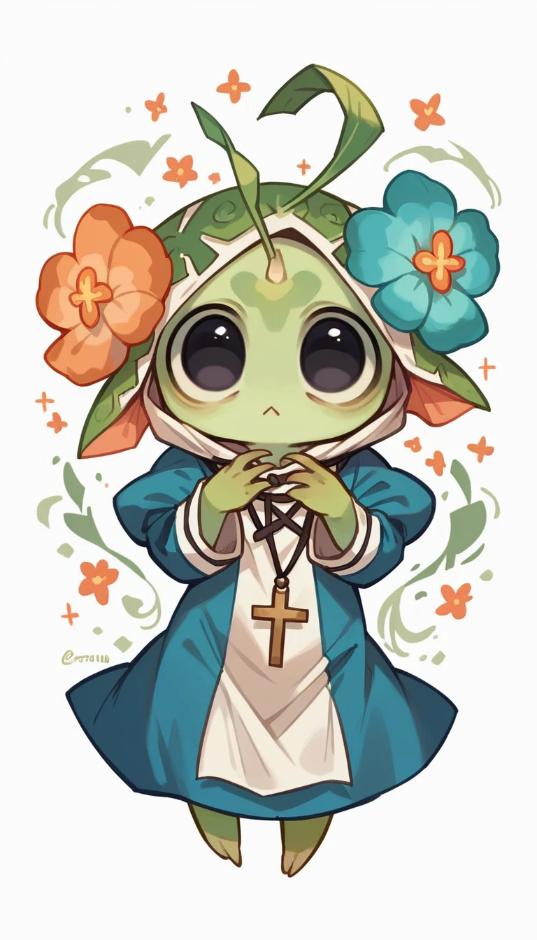 Cute flower monster, (Cestrum nocturnum in her head:1.2), big eyes, full black eyes, cleric outfit