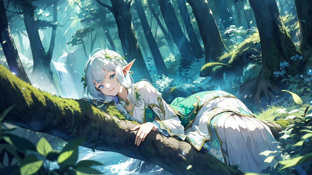 Under the protective cover of a majestic old oak tree, a young elf girl sleeps peacefully. Her silver hair spreads like a sparkling stream across the carpet of green moss, framing her delicate face. She is dressed in a light silk dress, emerald green in color, dotted with floral patterns that seem to dance in the light of the stars. Her pointy ears protrude gracefully from her hair, testifying to her elven heritage. A serene smile floats on her pink lips, while her thin eyelids hide deep blue eyes. All around her, the forest is plunged into an enchanting silence, disturbed only by the gentle murmur of the wind and the distant song of an owl. The fireflies float gently around his sleeping body, creating a magical, ethereal aura, as if time itself had decided to slow down to preserve this moment of pure tranquility.
