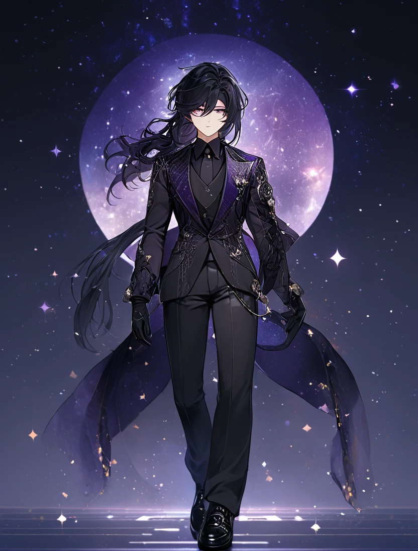 (black_hair), (long_male_hair), (deep_purple_eyes), (detailed_eyes), (attractive), (emotionless), (Deep_space_background), (male), (wearing _a_black_suit),(wears_black_pants), (black_leather_shoes), (black_tight_gloves), (long_male_hair), (detailed_Hair), (detailed), (detailed_mouth), (mysterious), (complicated), (full_body_image)