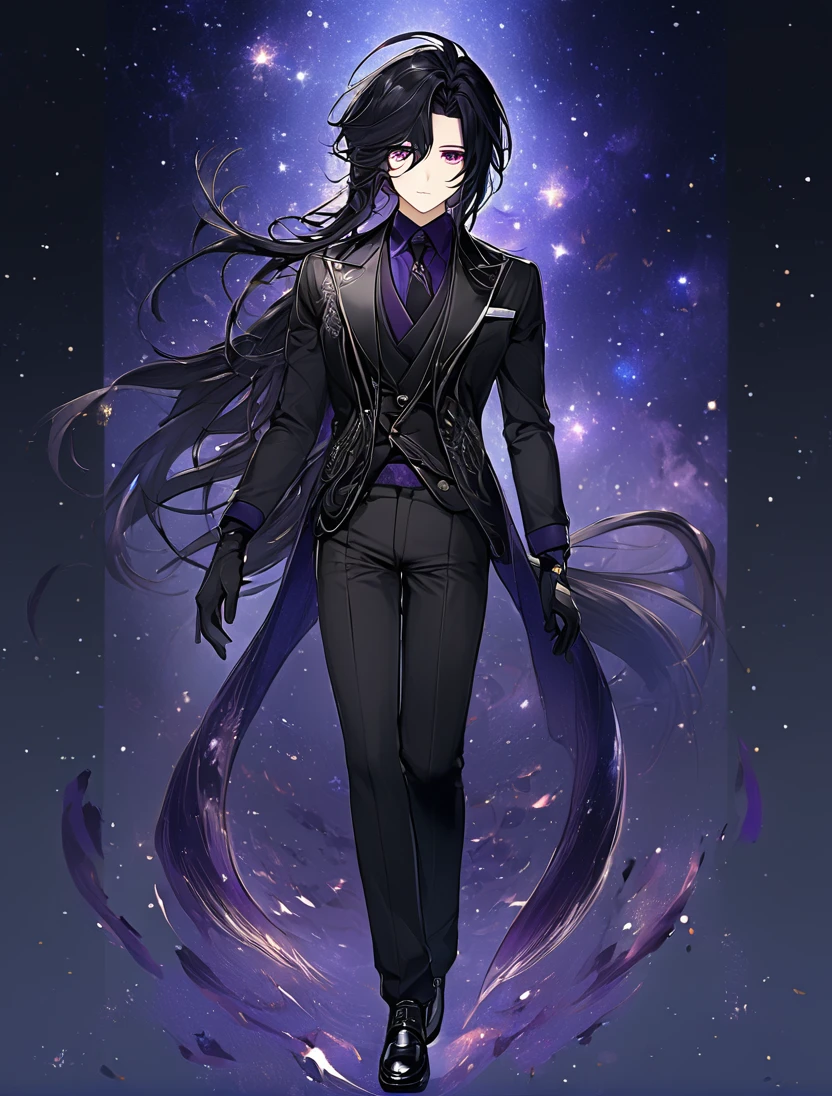 (black_hair), (long_male_hair), (deep_purple_eyes), (detailed_eyes), (attractive), (emotionless), (Deep_space_background), (male), (wearing _a_black_suit),(wears_black_pants), (black_leather_shoes), (black_tight_gloves), (long_male_hair), (detailed_Hair), (detailed), (detailed_mouth), (mysterious), (complicated), (full_body_image)