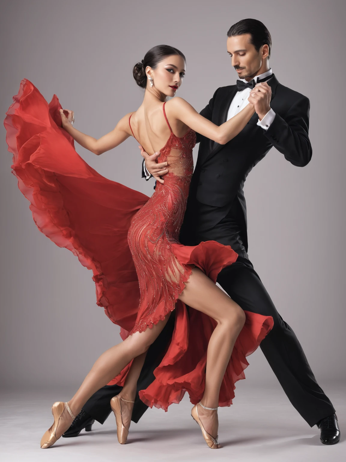Color photograph of a beautiful artwork illustration, (portrait composition:1.5), couple of ballroom dancers dancing together, Beautiful woman in red dress, Latina,highly detailed face,Perfect Makeup, long legs, low back cut, BREAK goodlooking man, high, black tuxedo, BREAK ((Best quality)), ((masterpiece)), (detailed), dancing tango