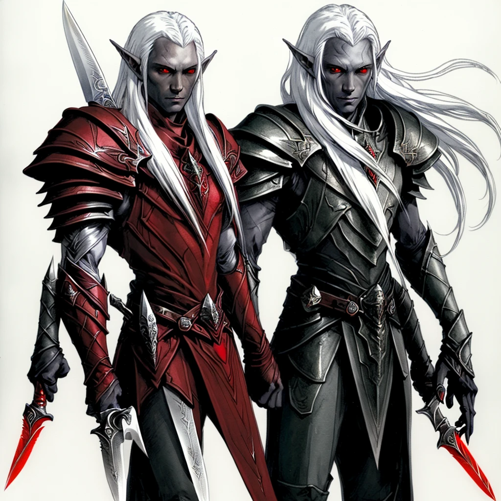 drow, male,  male focus, pointy ears, red eyes, armor, elf, white hair, shoulder armor, upper body, closed mouth, long hair, pauldrons, colored skin, full body, holding knifes 