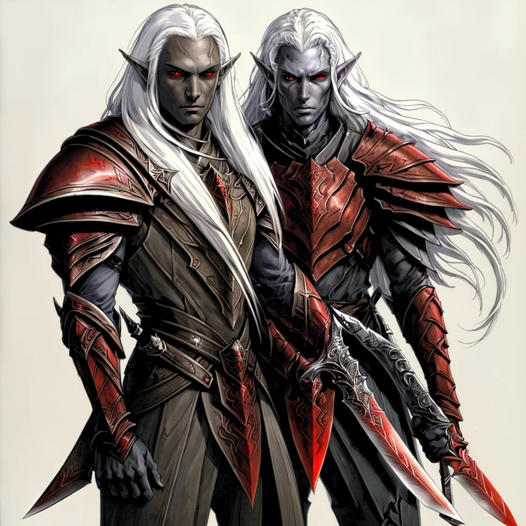 drow, male, male focus, pointy ears, red eyes, armor, elf, white hair, shoulder armor, upper body, closed mouth, long hair, pauldrons, colored skin, full body, holding knifes