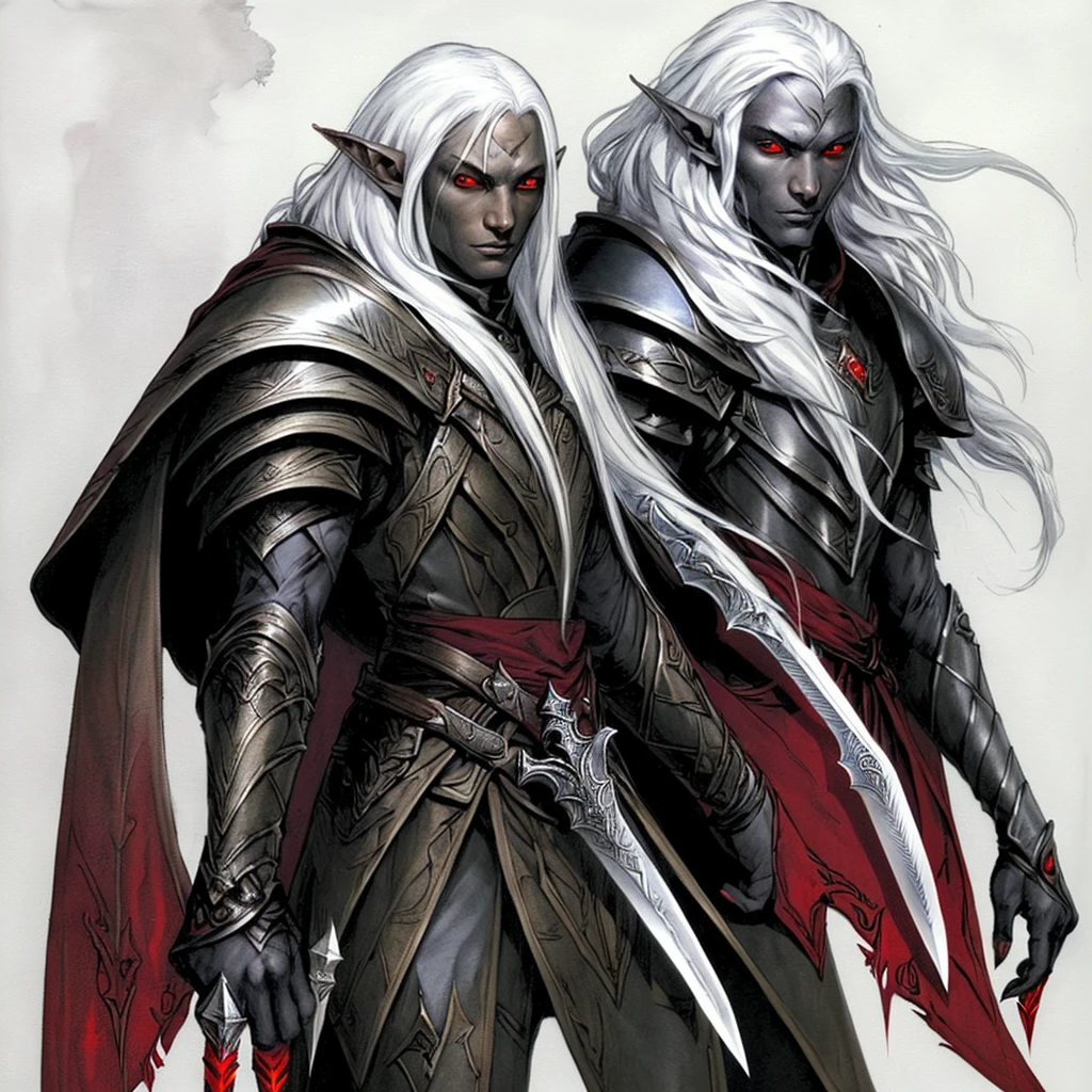 drow, male,  male focus, pointy ears, red eyes, armor, elf, white hair, shoulder armor, upper body, closed mouth, long hair, pauldrons, colored skin, full body, holding knifes 
