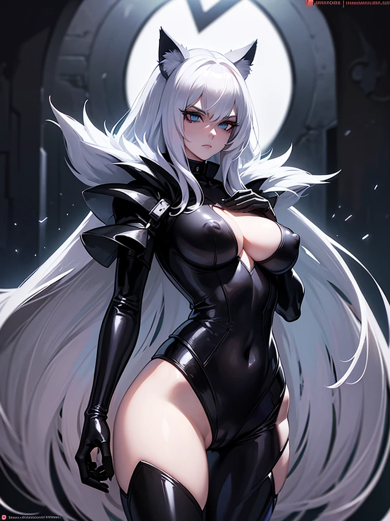 a woman with long white hair, cat ears, a black leather suit that reveals her  and , , detailed face, beautiful eyes, dramatic lighting, moody atmosphere, cinematic composition, hyper-realistic, 8k, award winning digital art