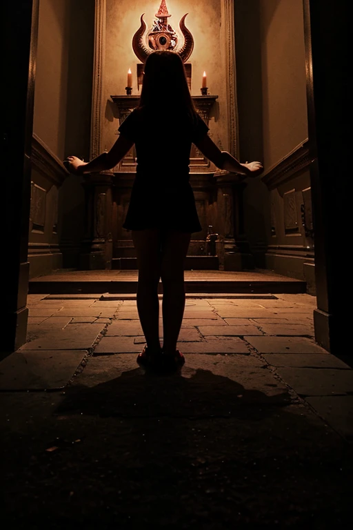 Full body view of a 4 year old girl worshipping Satan in a satanic temple