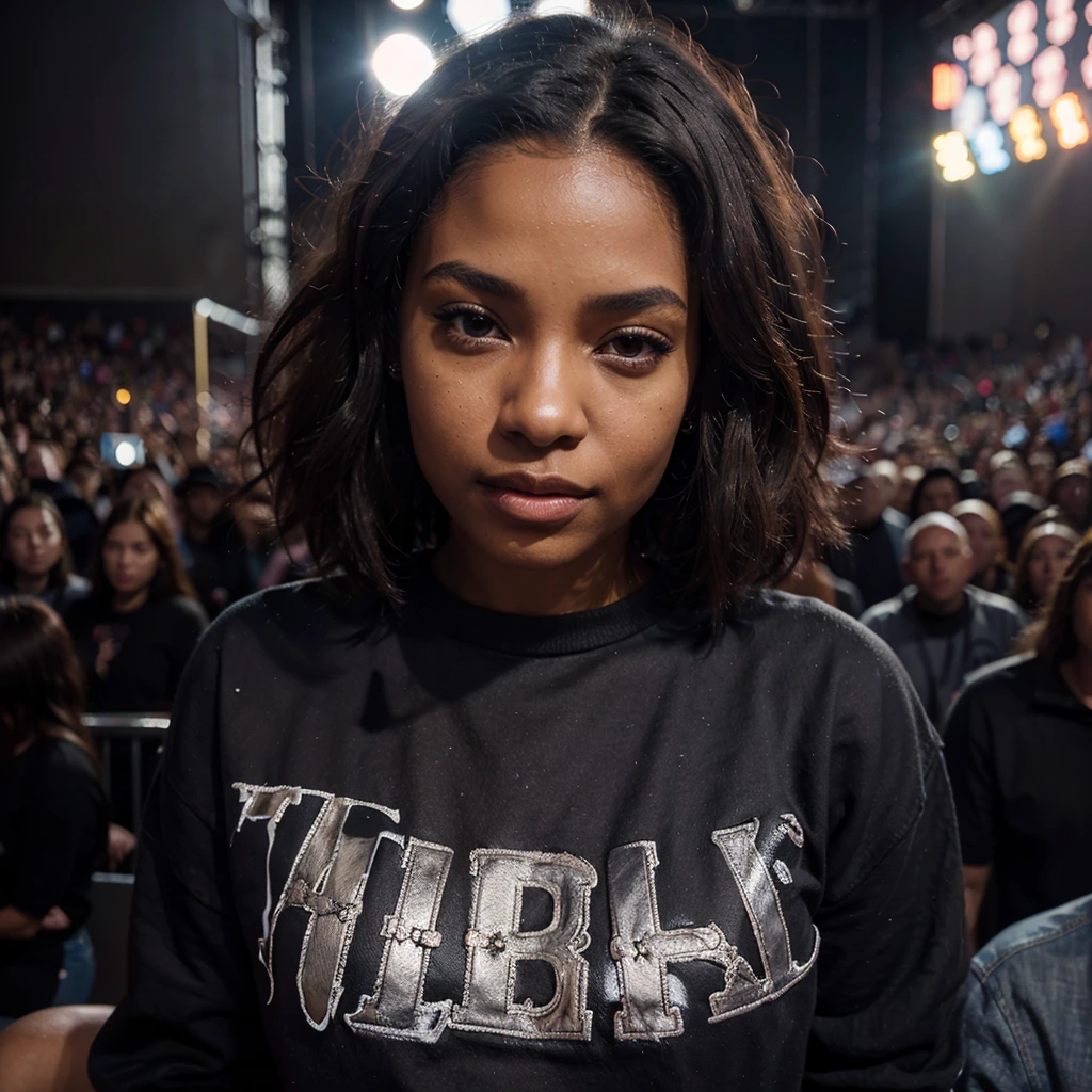 a black woman wearing a black sweatshirt and ripped jeans, at a concert in the crowd with pink lighting, realistic, photorealistic, detailed facial features, detailed eyes, detailed lips, detailed skin, detailed hair, crowd in background, concert stage, speakers, colorful lights, detailed clothing folds and textures, dynamic pose, natural lighting, volumetric fog, dramatic shadows, vivid colors, high definition, 8k, best quality
