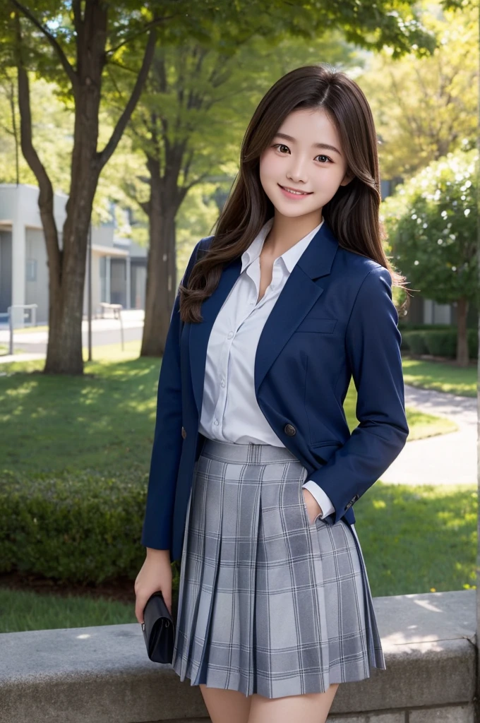 Beautiful girl、Brown Hair、Medium Hair、high school student、、Dark Blue Blazer、White shirt under blazer、huge 、Grey plaid skirt、Shade of trees in the schoolyard、smile
