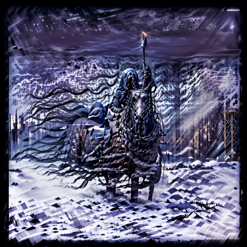The figure of Death riding a black horse, dressed in a dark robe and a hood that hides his face, creating a sinister and mysterious appearance. With her right hand she holds an hourglass on the horse's back, symbolizing the passage of time. In her left hand she raises a large scythe, adding an air of imminence and doom. The setting is a winter landscape, with snow-capped mountains and dark trees rising against a sky covered in turbulent, purple clouds. The ground is covered in snow and ice, with fallen branches and a frozen river in the foreground. The atmosphere is cold and desolate, reinforcing the feeling of darkness and loneliness that emanates from the central character, ultra realistic, intricate details, masterpiece, 8k, photoshop, unreal engine 5, Horseman of the Apocalypse