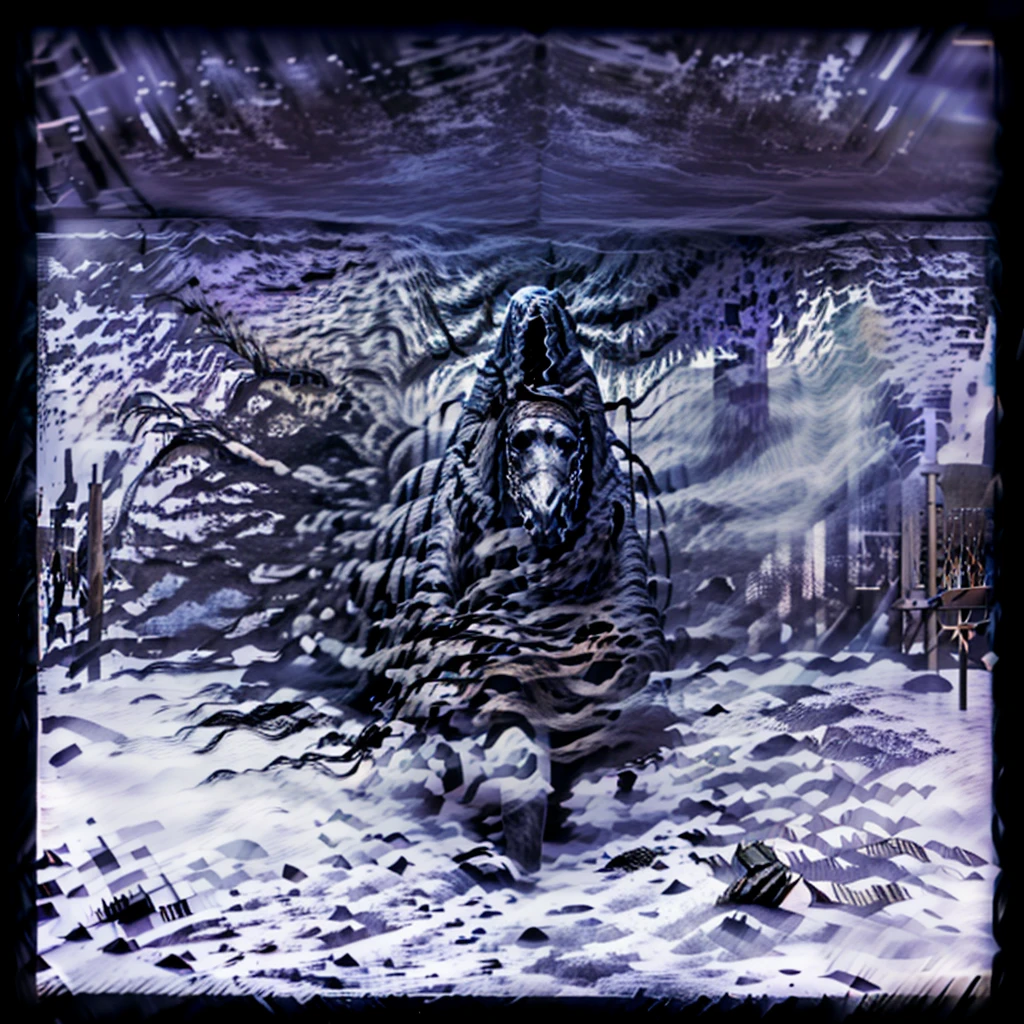 The figure of Death riding a black horse, dressed in a dark robe and a hood that hides his face, creating a sinister and mysterious appearance. With her right hand she holds an hourglass on the horse's back, symbolizing the passage of time. In her left hand she raises a large scythe, adding an air of imminence and doom. The setting is a winter landscape, with snow-capped mountains and dark trees rising against a sky covered in turbulent, purple clouds. The ground is covered in snow and ice, with fallen branches and a frozen river in the foreground. The atmosphere is cold and desolate, reinforcing the feeling of darkness and loneliness that emanates from the central character, ultra realistic, intricate details, masterpiece, 8k, photoshop, unreal engine 5, Horseman of the Apocalypse