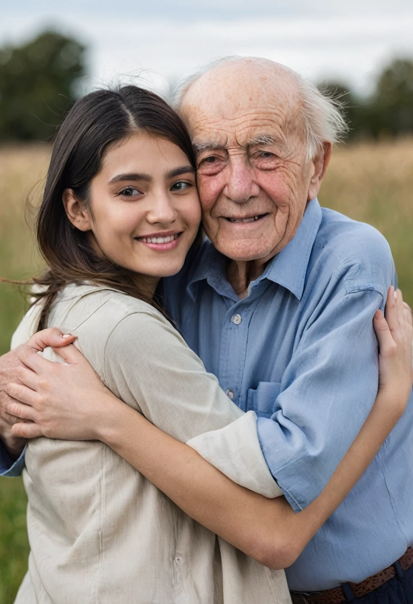 young woman hugging on the left side with a 77 year old man, looking at the camera.