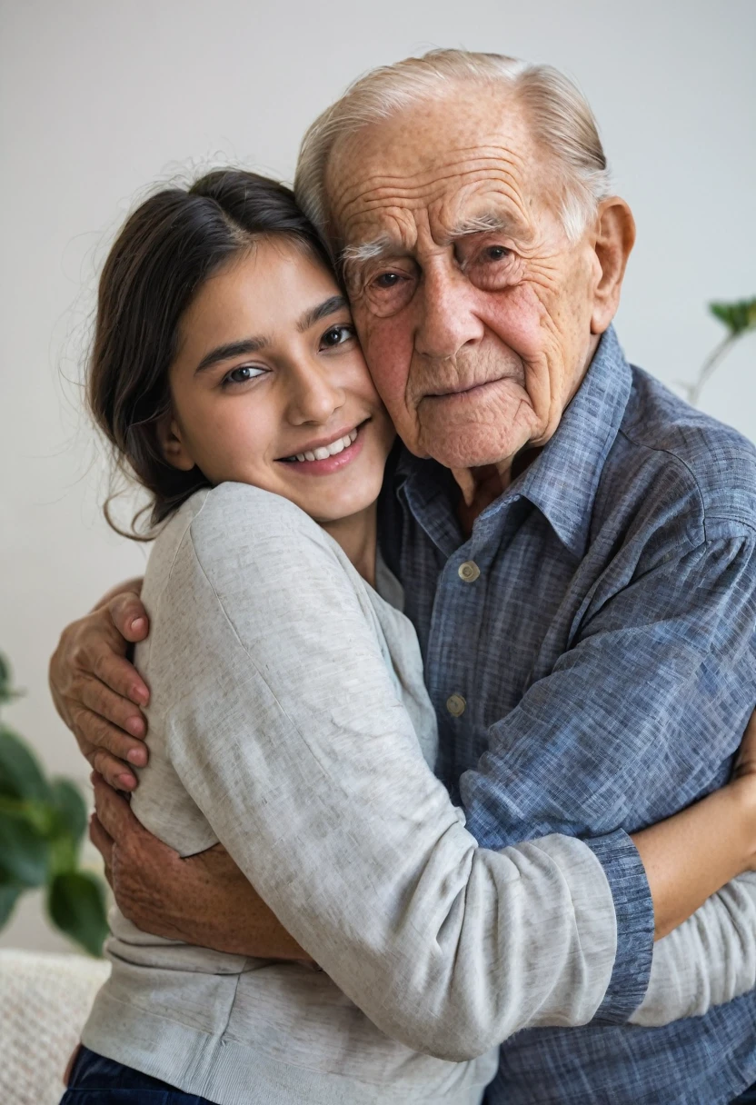 young woman hugging on the left side with a 77 year old man, looking at the camera.