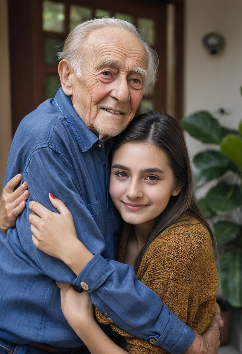 beautiful thin 16 year old girl with straight black hair and blue eyes next to her friendly grandpa.