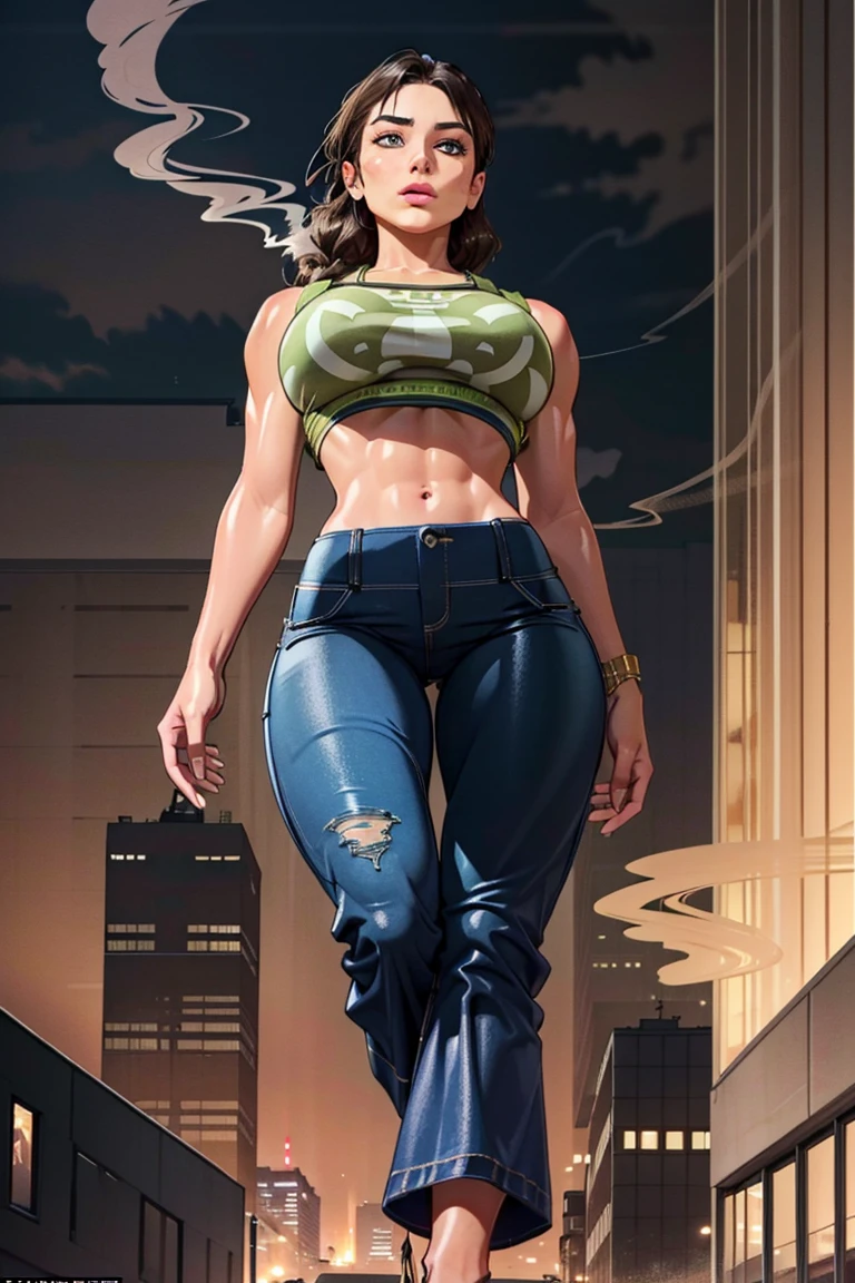 "A towering Giantess in a cool and laid-back hippie style is rocking a crop top and baggy pants. Her toned and athletic build hints at her massive strength. She seems to be casually strolling through the bustling cityscape of GTS City, as towering buildings loom overhead. Smoke and clouds roil around her, adding to the sense of epic scale and drama. The lighting is dark, gloomy, and realistic, creating a tense and ominous atmosphere. The perspective is from below, emphasizing the sheer majesty and power of the Giantess."