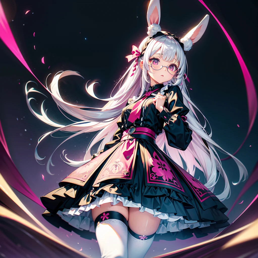 Focus on the face、Handsome face、Dynamic configuration、((Perspective Lens, Woman with long milky white hair,  Dynamic pose with a calm expression, Holding something large with both hands, Stuffed rabbit )) ((純粋な黒色のbackground:1.2)),Anime Style、detailedな目、Early 20s,Shooting on the move,Her long braided hair sways. Her outfit is reminiscent of Gothic Lolita,Black and pink color palette,Playful.,Neon color line fractal art、Super huge、whole body、detailed、Cowboy Shot、Alice in Wonderland、Trump、background｜Distorted Clock：1.5、