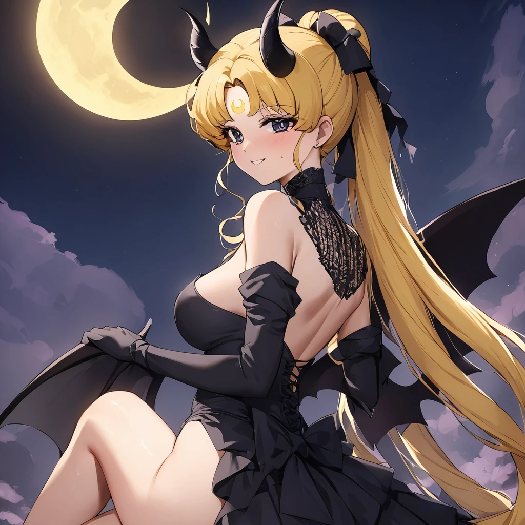 ((Highest quality)), ((masterpiece)), (detailed), (Perfect Face)、The woman is the dark queen of the Black Moon clan, the demon queen Black Serenity, and the woman is the jet-black, sexy demon princess Serenity.、The woman is a jet-black female demon with magnificent devil horns, jet-black devil wings, and a jet-black tail. Her skin is jet-black, and she has a black inverted crescent moon mark on her forehead. She is a devil bride wearing a gorgeous black Gothic Victorian wedding dress and a black wedding veil. She is the jet-black demon Princess Serenity, and has blonde hair with a happy expression as she looks at the camera.2The expression of a girl in love with her long hair tied up、Woman is Black Serenity、Punishment pose on behalf of the moon
