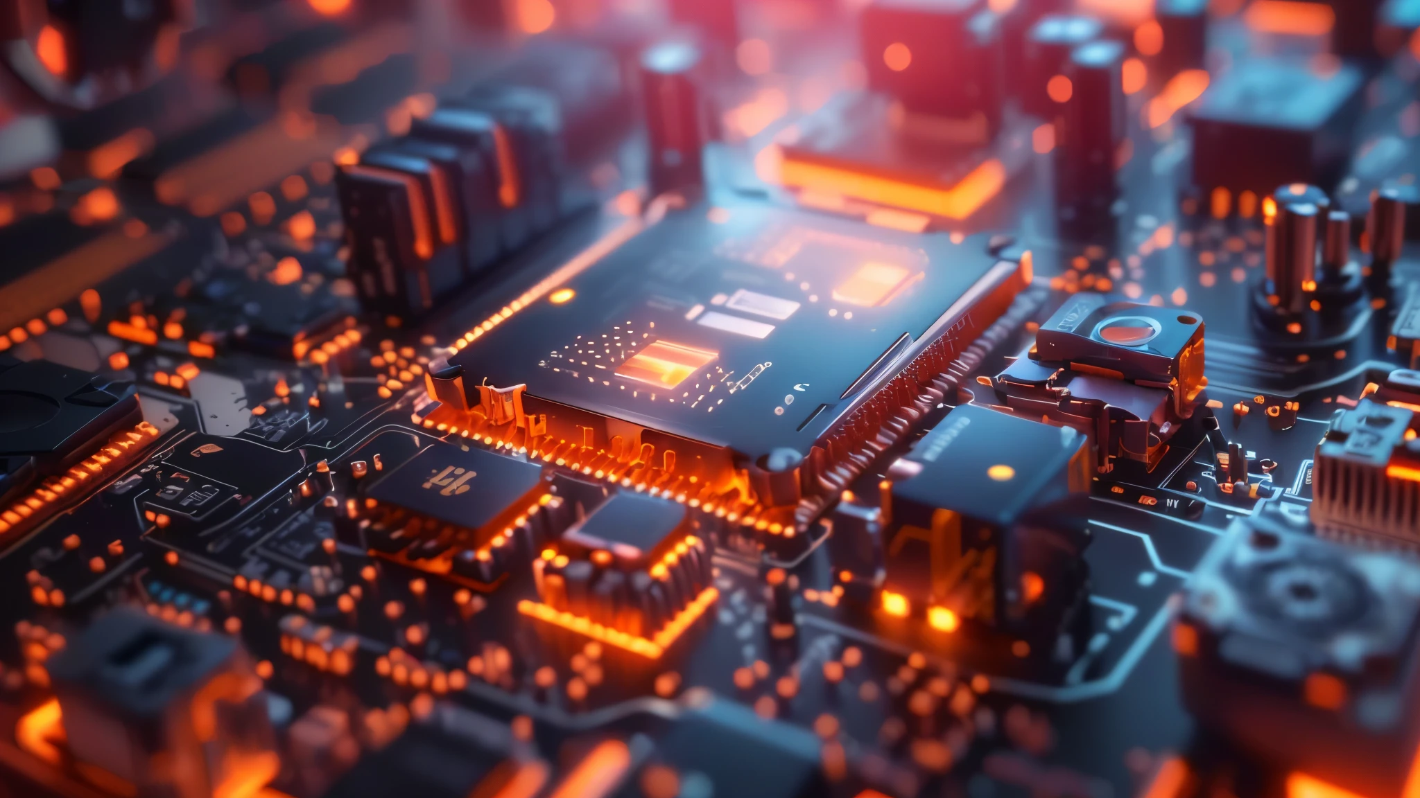 a close up of a computer motherboard with many small Electronic Component, 8k Rendering, 8k 八度Rendering照片, 复杂的 8k Rendering, 高细节 8k Rendering, 高细节 8k Rendering, Circuit Board, 8k cg Rendering, integrated circuit, 3D 8K Rendering, Electronic Component, Rendering, CGI