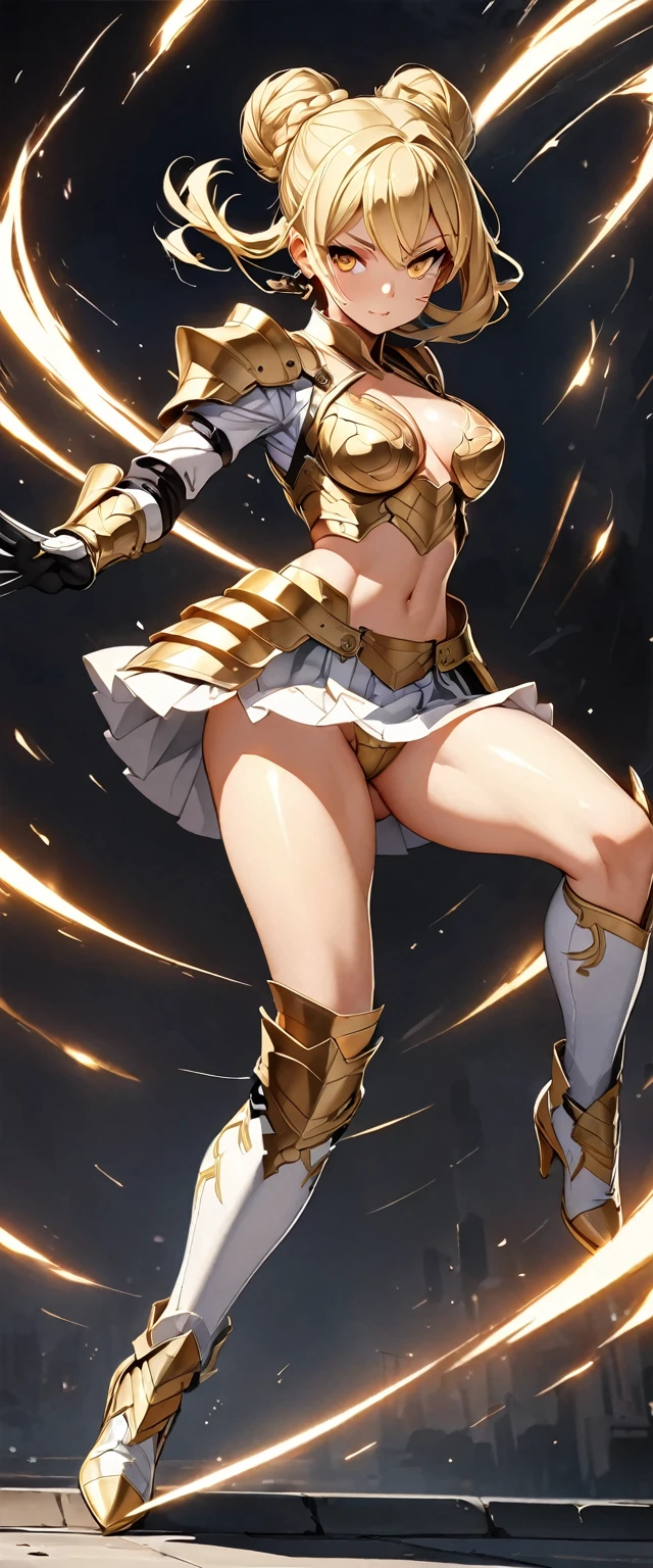 (Perfect Anatomy)、Mastepiece、Ultra High Quality、 8K、masterpiece、Highest quality、Ultra-high resolution、Maximum resolution、Very detailed、Professional Lighting、anime、woman、thin、so beautiful、Highly detailed eye、Highly detailed face、Golden earrings、Blonde, hair bun, Yellow Eyes、Mid-chest,Valkyrie armor, full body, gold pattern, white super long boots, white long gloves, female martial artist, high heels, white clawed gauntlets, white cute headgear, fighting stance, gold knee armor, Executing a high kick