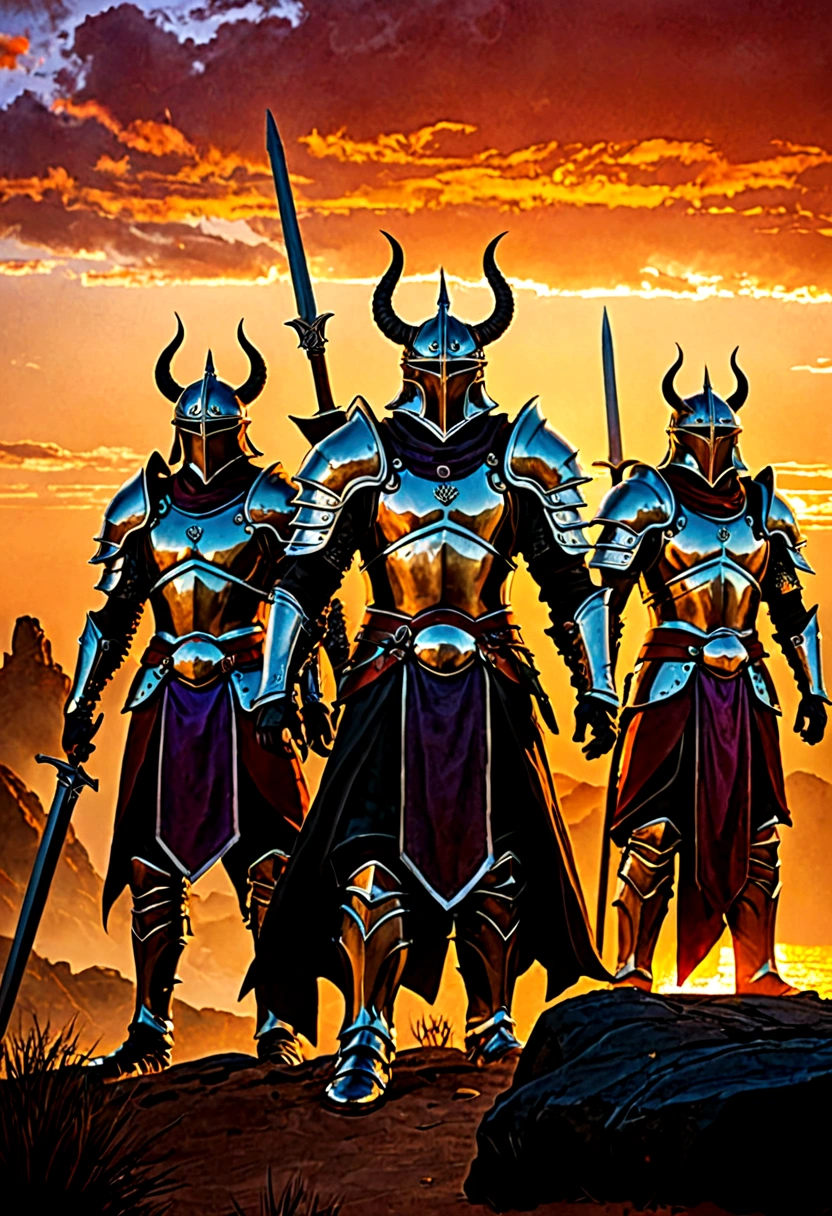 A detailed scene featuring exactly four male warriors wearing dark, demonic-style armor similar to the character. They are all without weapons and helmets. Each warrior has a different colored armor: one white, one orange, one red, one blue, one green, one purple, and one yellow. They are all looking towards the horizon. The background is a dramatic sunset with a vast landscape. Ensure there are only seven male warriors in total, with no additional characters or figures in the foreground or background.