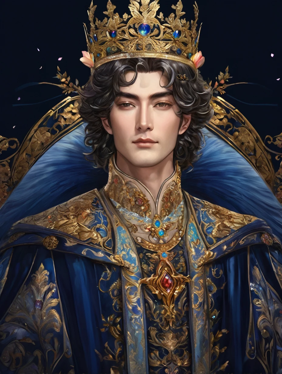 a close up of a man in a ornate dress with crown, trending on cg society, fantasy art, ((a handsome fantasy emperor)), short hair, a beautiful fantasy emperor, anime god, gilded lotus prince, 8k high quality detailed art, portrait fine art, beautiful and elegant king, beautiful celestial mage, flowers, lavish.