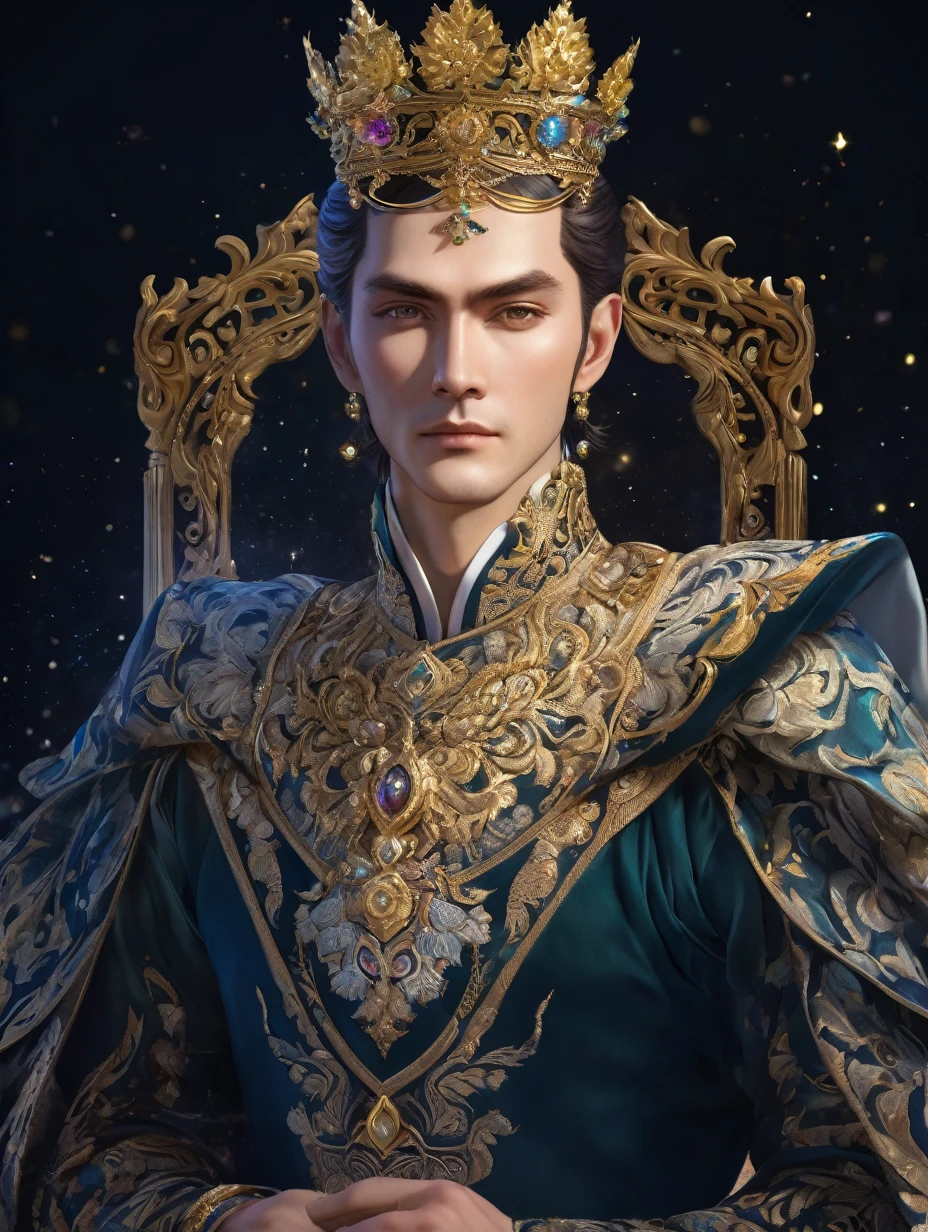 a close up of a man in a ornate dress with crown, trending on cg society, fantasy art, ((a handsome fantasy emperor)), short hair, a beautiful fantasy emperor, anime god, gilded lotus prince, 8k high quality detailed art, portrait fine art, beautiful and elegant king, beautiful celestial mage, flowers, lavish.